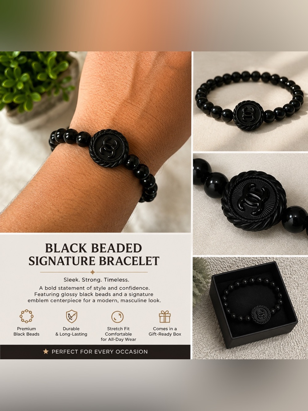 CHANEL Black Glossy Beaded CC Medallion Bracelet